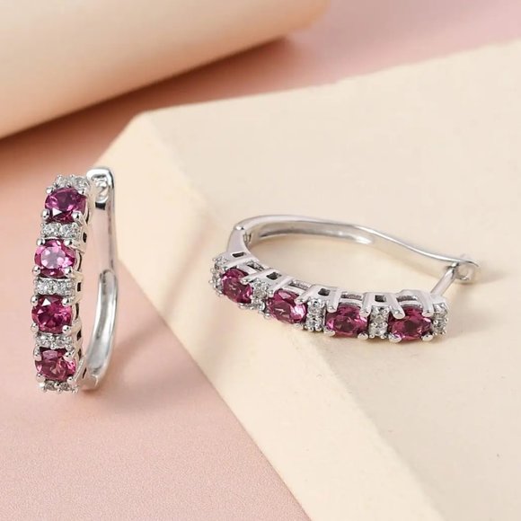 Tanzanian Wine Garnet and White Zircon Hoop Earrings - Picture 1 of 2